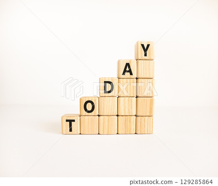 Today symbol. Concept word Today on beautiful wooden blocks. Beautiful white table white background. Business lifestyle today concept. Copy space. Today symbol. Concept word Today on beautiful wooden blocks. Beautiful white table white background. Business lifestyle today concept. Copy space. 129285864