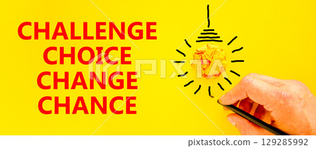Challenge choice change chance symbol. Concept words Challenge choice change chance on beautiful yellow paper. Beautiful yellow background. Business Challenge choice change chance concept. Copy space. Challenge choice change chance symbol. Concept words Challenge choice change chance on beautiful yellow paper. Beautiful yellow background. Business Challenge choice change chance concept. Copy space. 129285992