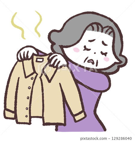 一位老年婦女在攤舖一件臭襯衫的插圖 129286040