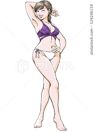 Young woman in a swimsuit making a sexy pose_full body 129286159