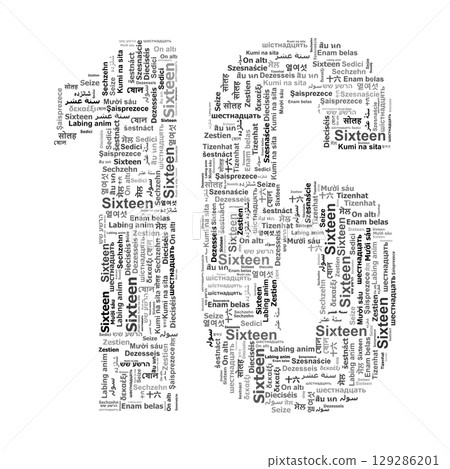 Number 16 Made from "Sixteen" in Various Languages and Fonts. Number 16 Made from "Sixteen" in Various Languages and Fonts. 129286201