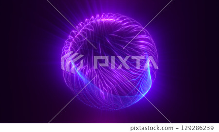 Glowing abstract sphere with purple and violet flowing lines, emitting radiant light in a dark digital space Glowing abstract sphere with purple and violet flowing lines, emitting radiant light in a dark digital space 129286239