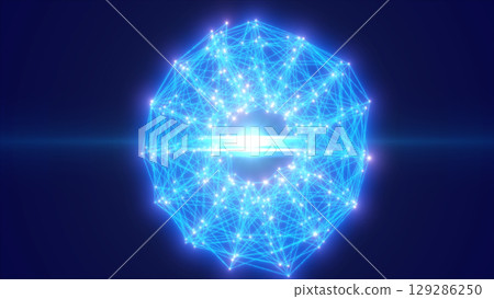 Bright blue spherical energy field with central lens flare, symbolizing futuristic data transmission and digital fusion 129286250