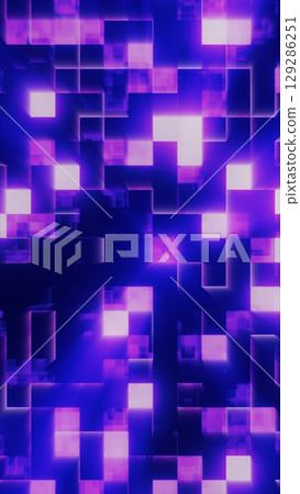 Glowing magenta and violet digital cubes in a dynamic grid pattern with bright central light burst 129286251