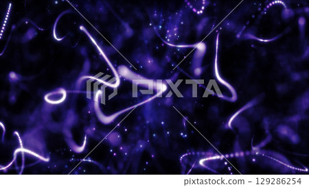 Abstract glowing purple lines swirling through dark space, creating an energetic digital visual with particles and light trails 129286254