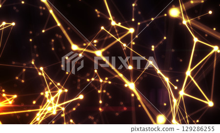 Abstract glowing yellow network of connected nodes and lines on a dark background, symbolizing data or neural connections 129286255