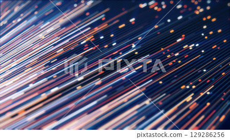 Abstract glowing fiber optic lines in motion, creating a dynamic digital pattern with vibrant streaks of light Abstract glowing fiber optic lines in motion, creating a dynamic digital pattern with vibrant streaks of light 129286256