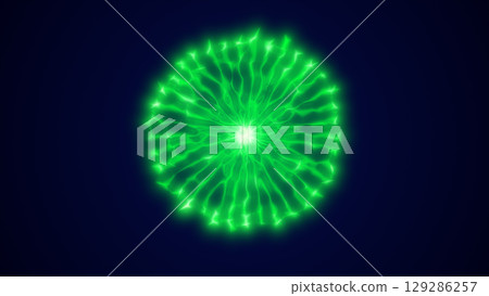Bright green plasma orb radiating energy with glowing electric tendrils on a deep blue background 129286257