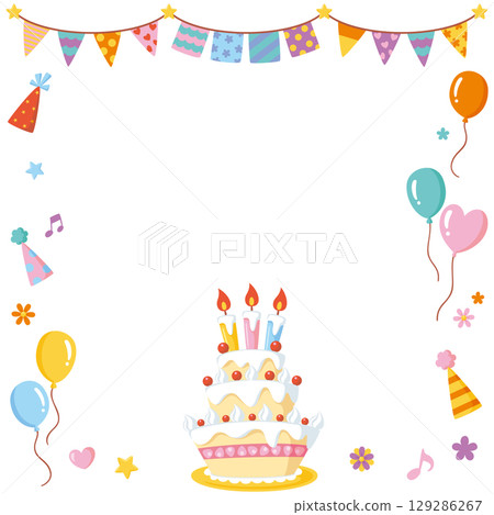 Celebration party social media frame | Birthday cake, garland, and party accessories 129286267