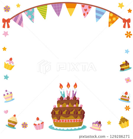 慶祝派對框架 | 生日巧克力蛋糕和花環 129286271