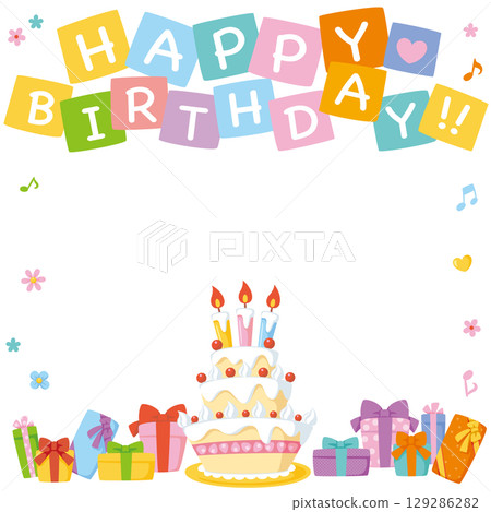 Celebration party social media frame | HAPPY BIRTHDAY text, cake, and presents 129286282