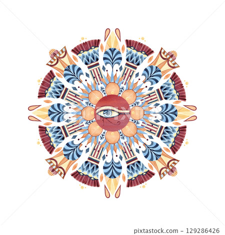 Eye of Horus arabesque style. Egyptian tribal pattern round circle ornament. Geometric figures, abstract lotus, palm shape. Watercolor isolated clip art illustration in yellow, blue, red colors 129286426