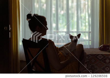 Woman sitting with chihuahua dog by window, enjoying quiet moment at home Woman sitting with chihuahua dog by window, enjoying quiet moment at home 129286508