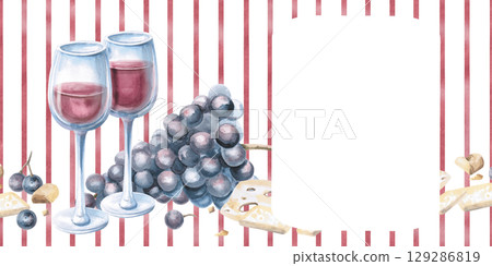 Rectangular frame with two glasses of wine, grapes and cheese on striped background. Isolated watercolor illustration for packaging design, restaurant menu, culinary blogs and magazines. Rectangular frame with two glasses of wine, grapes and cheese on striped background. Isolated watercolor illustration for packaging design, restaurant menu, culinary blogs and magazines. 129286819