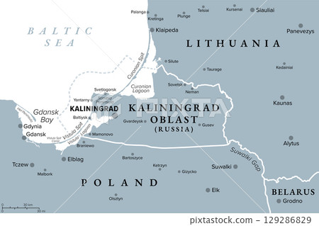 Kaliningrad and vicinity, gray political map. Kaliningrad Oblast, exclave and westernmost federal subject of Russia on Baltic Sea, between Lithuania and Poland. With strategic choke point Suwalki Gap. Kaliningrad and vicinity, gray political map. Kaliningrad Oblast, exclave and westernmost federal subject of Russia on Baltic Sea, between Lithuania and Poland. With strategic choke point Suwalki Gap. 129286829