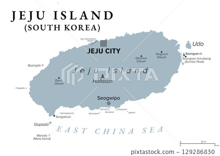Jeju Island, largest island of South Korea, gray political map, with capital Jeju City, city Seogwipo, and shield volcano Hallasan in its center. Major part of Jeju Special Self-Governing Province. 129286830