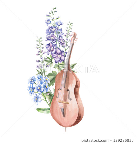 Double bass in flowers. Isolated watercolor illustration in realistic style of musical instrument for design of invitations, product labels, postcards, posters. Double bass in flowers. Isolated watercolor illustration in realistic style of musical instrument for design of invitations, product labels, postcards, posters. 129286833