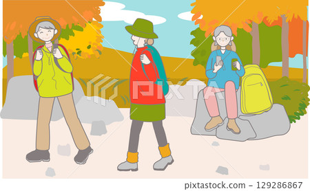 一群老年婦女享受徒步旅行和爬山的插圖(秋季) 一群老年婦女享受徒步旅行和爬山的插圖(秋季) 129286867