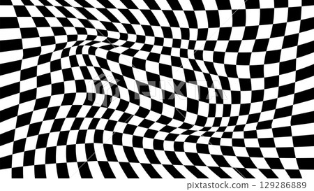 A black and white checkered distorted background. A deformed black and white abstract backdrop. 129286889