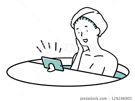 一位女士一邊泡澡一邊看影片_單色 129286903