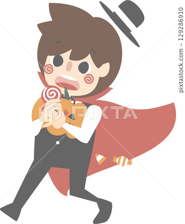 happy halloween holiday festival with boy wearing dracula costume holding pumpkin basket with candy set, flat jpg illustration cartoon character design 129286910