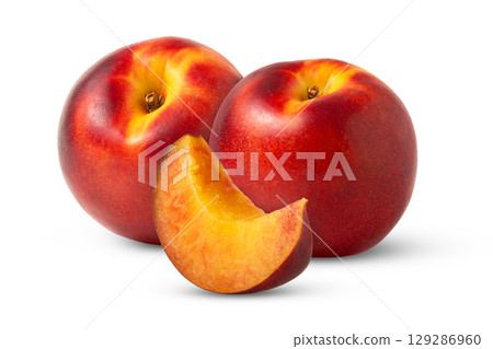Nectarine fruit and slice isolated. Nectarine peaches and cut with clipping path. Nectarine fruit and slice isolated. Nectarine peaches and cut with clipping path. 129286960