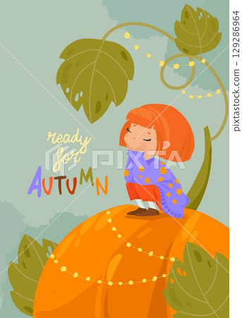 Cartoon Little Girl Sitting on Big Pumpkin 129286964