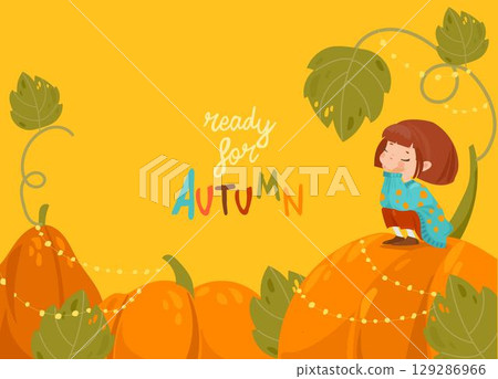 Cartoon Little Girl Sitting on Big Pumpkin 129286966