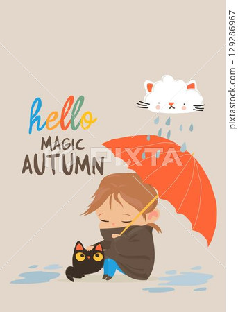 Little Girl Protecting a Stray Cat From Drops Rains By Using an Umbrella Little Girl Protecting a Stray Cat From Drops Rains By Using an Umbrella 129286967