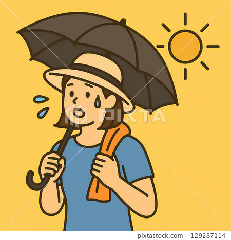 一位女士用陽傘和毛巾遮擋高溫的插圖 129287114