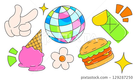 Groovy disco icons in retro peace style 129287250