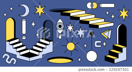 Surreal architectural elements with door portals Surreal architectural elements with door portals 129287301