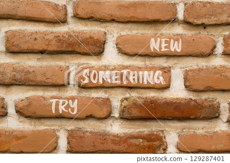 Try something new symbol. Concept words Try something new on beautiful brown brick wall. Beautiful brown brick wall background. Business motivational lifestyle try something new concept. Copy space. 129287401