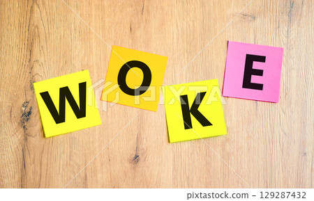 Woke question symbol. Concept word Woke question on beautiful colored paper. Beautiful wooden table wooden background. Business, lifestyle, support and woke question concept. Copy space. 129287432
