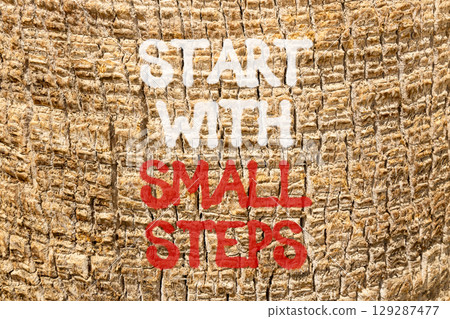 Start with small steps symbol. Concept words phrase Start with small steps on beautiful palm tree bark. Beautiful palm tree bark background. Business Start with small steps concept. Copy space. Start with small steps symbol. Concept words phrase Start with small steps on beautiful palm tree bark. Beautiful palm tree bark background. Business Start with small steps concept. Copy space. 129287477