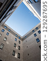 A blue sky visible from the clearance of the building 129287695