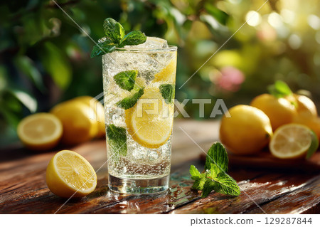 Fresh lemonade with mint and ice on wooden table 129287844