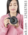 Woman Holding Black Mirrorless Camera Front View (Isolated) 129287863