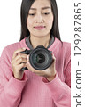 Woman Holding Black Mirrorless Camera Front View (Isolated) 129287865