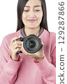 Woman Holding Black Mirrorless Camera Front View (Isolated) 129287866