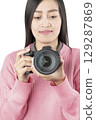 Woman Holding Black Mirrorless Camera Front View (Isolated) 129287869