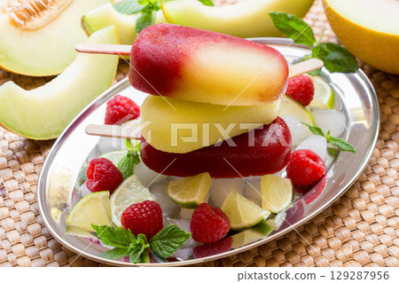 Column of melon lime raspberries sorbet ice cream on silver plate with ice cubes, lime, mint, raspberries near melon slices on straw napkin background. Melon lime raspberries sorbet ice cream. Close. Column of melon lime raspberries sorbet ice cream on silver plate with ice cubes, lime, mint, raspberries near melon slices on straw napkin background. Melon lime raspberries sorbet ice cream. Close. 129287956