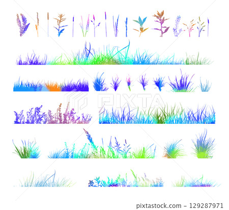 Set of horizontal banners of meadow colored silhouettes with grass. hand drawn. Not AI, Vector illustration Set of horizontal banners of meadow colored silhouettes with grass. hand drawn. Not AI, Vector illustration 129287971