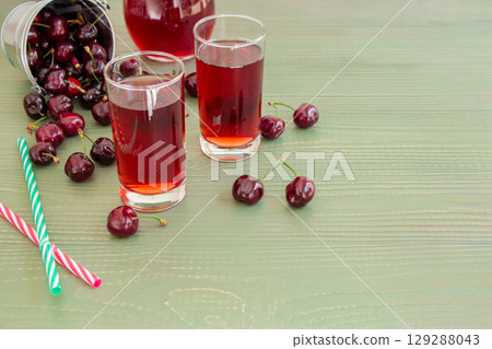 In the frame on the left a small bucket with cherries, around scatterd cherries, on the right empty space on a light green background. Bucket of cherries. Horizontal. Daylight. In the frame on the left a small bucket with cherries, around scatterd cherries, on the right empty space on a light green background. Bucket of cherries. Horizontal. Daylight. 129288043