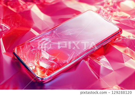 Modern smartphone is made of transparent material and looks like glass. Gadget on a red background. 129288120