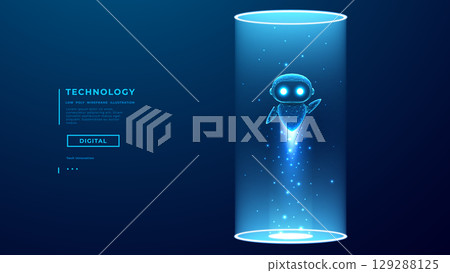 AI robot takes off bright light portal. Digital cute chatbot character AI robot takes off bright light portal. Digital cute chatbot character 129288125