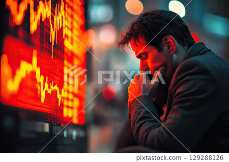 A male stock market player sits frustrated in front of a board with charts. 129288126