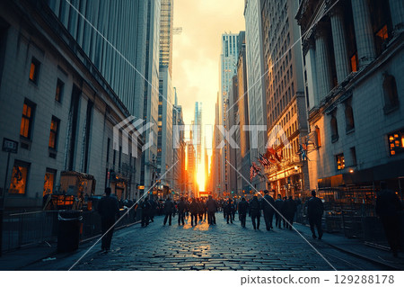 Blurred silhouettes of people walking along a city street between tall skyscrapers. Blurred silhouettes of people walking along a city street between tall skyscrapers. 129288178