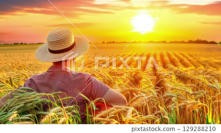 Back view of a male farmer in a wheat field. The farmer's silhouette stands tall amidst the golden wheat, a symbol of strength and resilience. Back view of a male farmer in a wheat field. The farmer's silhouette stands tall amidst the golden wheat, a symbol of strength and resilience. 129288210