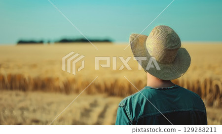 Back view of a male farmer in a wheat field. The farmer's footsteps leave a trail of dedication and perseverance in the fertile soil. 129288211